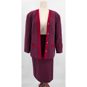 Vtg Pendleton Women's 12 Virgin Wool Red & Blue Houndstooth Jacket & Skirt Set
